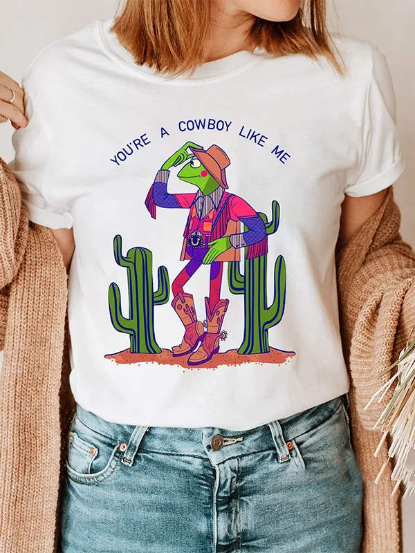 

You Are A Cowboy Like Me Slogan Women T-shirt Cute Cartoon Frog Cowboy Cactus Desert Print Female Shirt Outdoor Casual Girl Tee