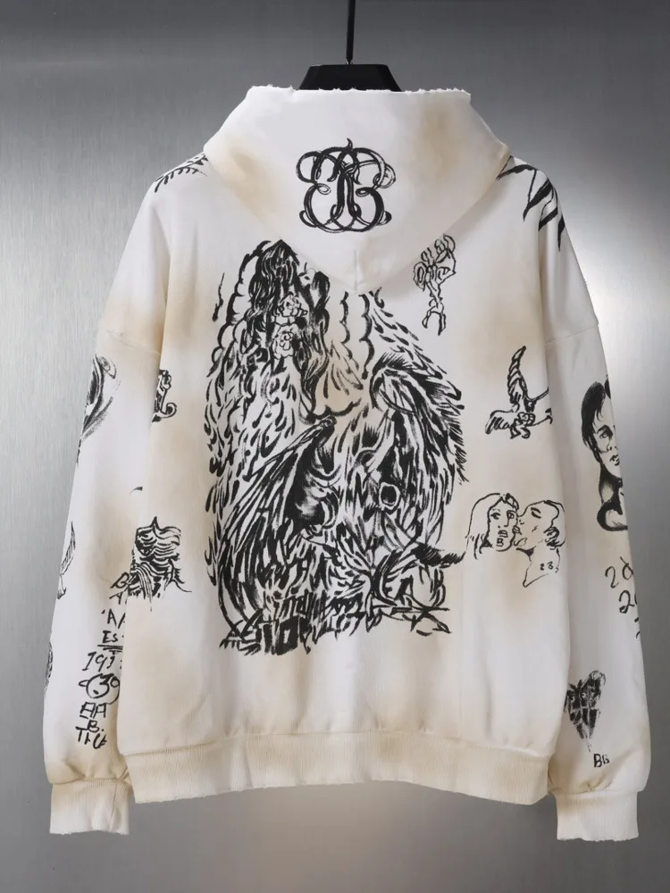 [BOMP] Paris B Home High Version Graffiti Hand Painted Worn Zipper Sweatshirt Jacket Loose Version Cardigan Set New Fashion