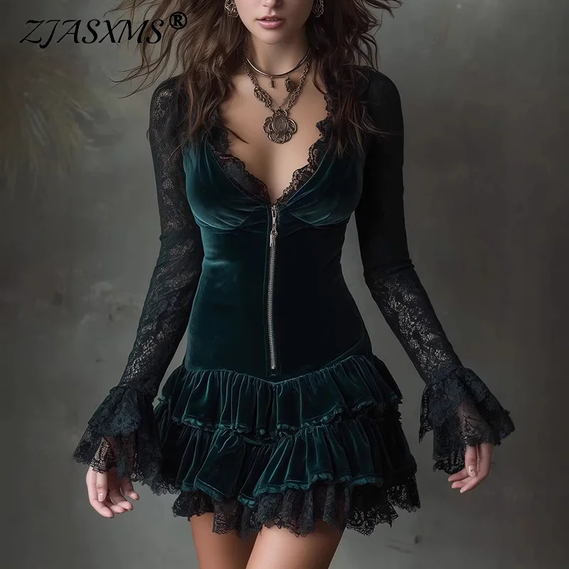

Retro Spring Zippers Velvet Pleated Dress Woman Sexy Deep V Neck Hollow Lace Mini Dress Autumn Flare Long Sleeve Slim Mini Dress