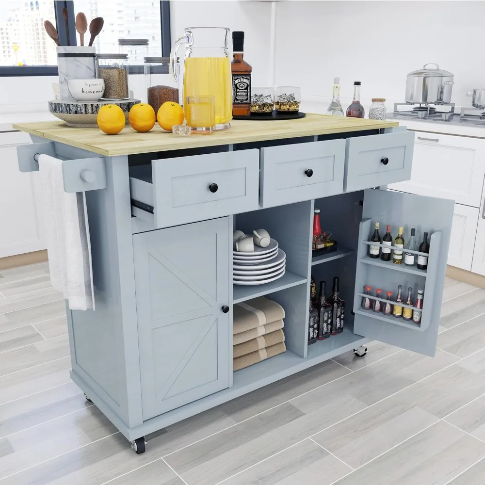 Kitchen Island with 5 Universal Wheels,Barn Door Islands Table with Storage and Towel Rack,Rolling Kitchen Island Table Trolley