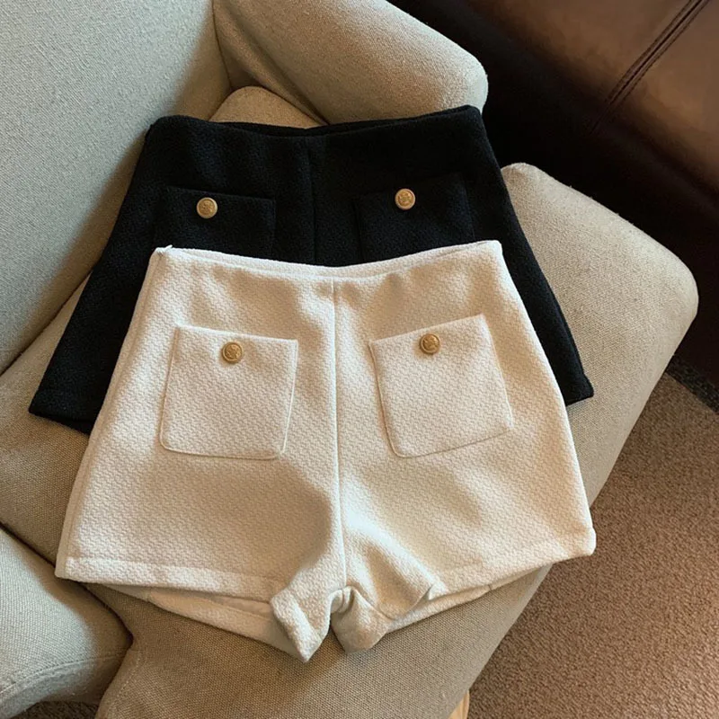 

Tweed Shorts Women Elegant High Waist Wide Leg Shorts Office Lady Korean White Black Casual All Match Chic Short Pants New