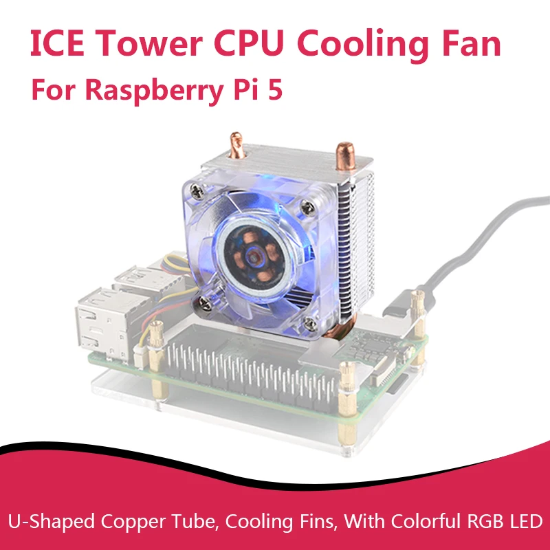 

ICE Tower CPU Vertical Cooling Fan for Raspberry Pi 5, U-Shaped Copper Tube, Cooling Fins, With Colorful RGB LED