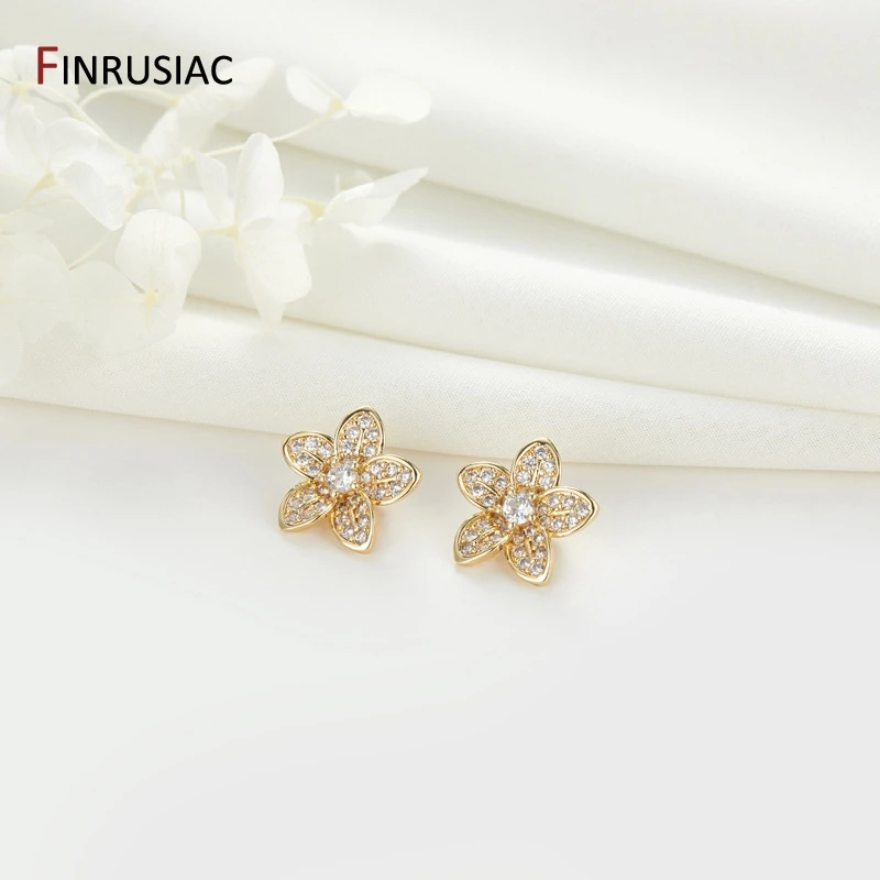 14K Gold Plated Brass Zircon 2 Holes Flower Beads Separator Spacers Components For Natural Stones Pearls Jewelry Making Supplies