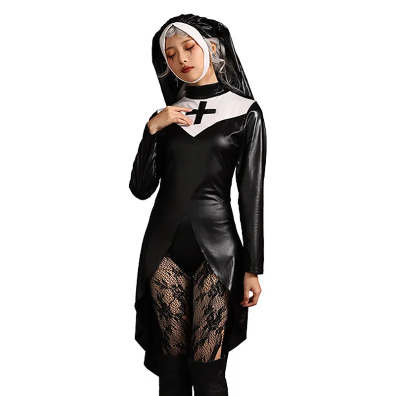 Faux Leather Women Halloween Tight-fitting Nun Costumes Female Sister Cosplay Purim Carnival Nightclub Bar Role Play Party Dress