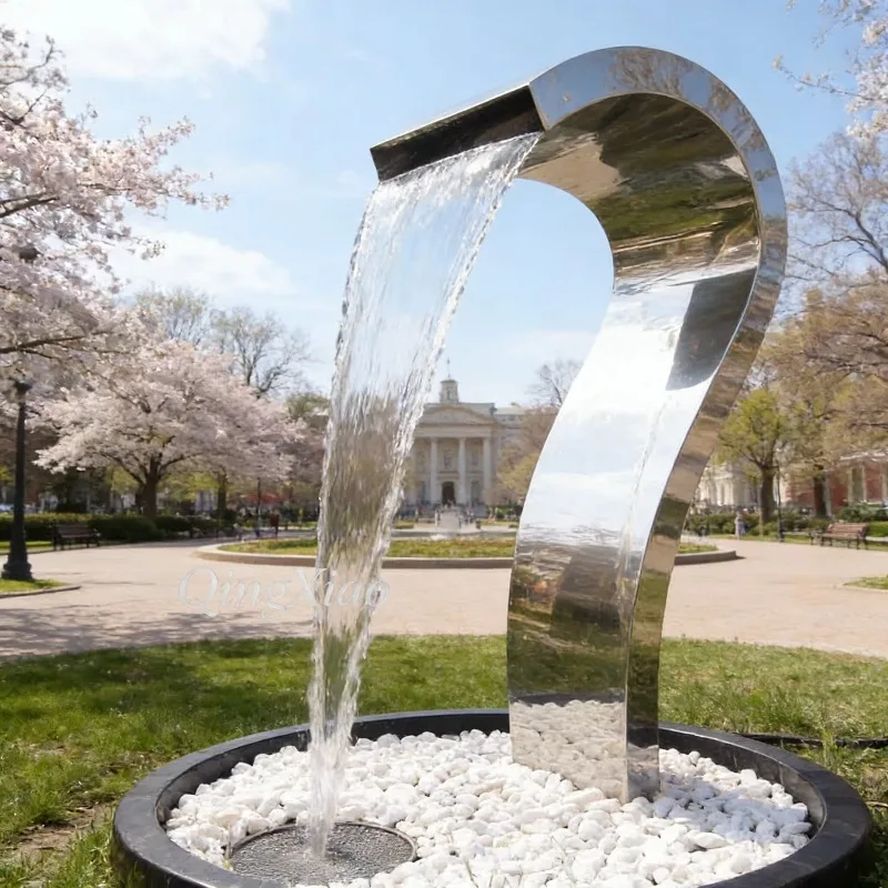 Mirror Polished Stainless Steel Curved Waterfall Sculpture Fountain Modern Courtyard Mall And Outdoor Event Landscapes Custom