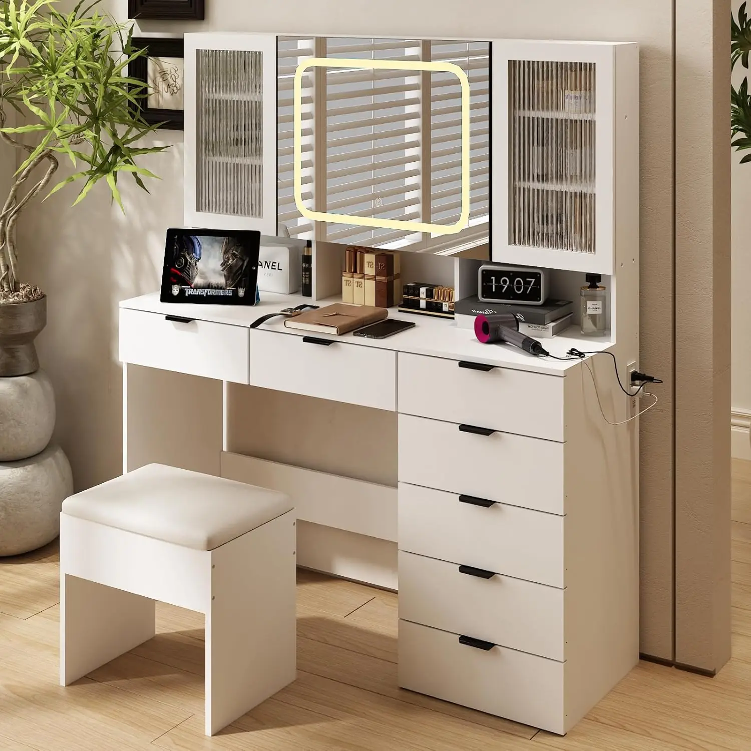 Vanity Desk, Makeup Set with 7 Drawers & 2 Clear Glass Cabinets & 1 Hidden Mirror Cabinet  3 Storeroom Charging Station,White