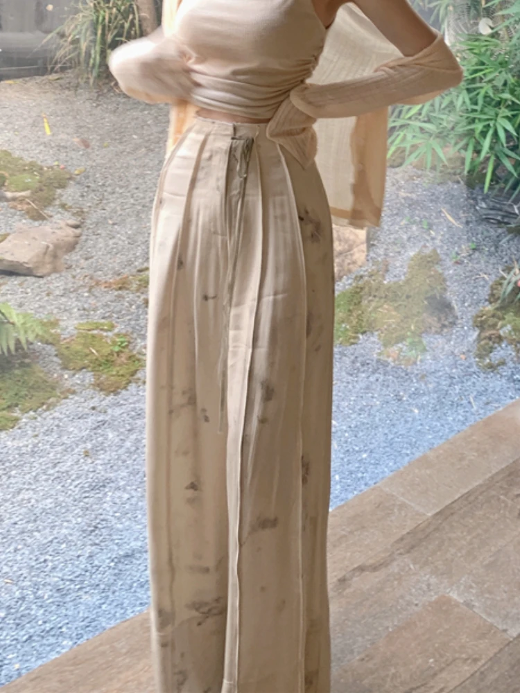 France Elegant Wide Leg Pants Women Beige Ruched Vintage Sweet Baggy Pants Female High Waist Korean Fashion Straight Pant 2023