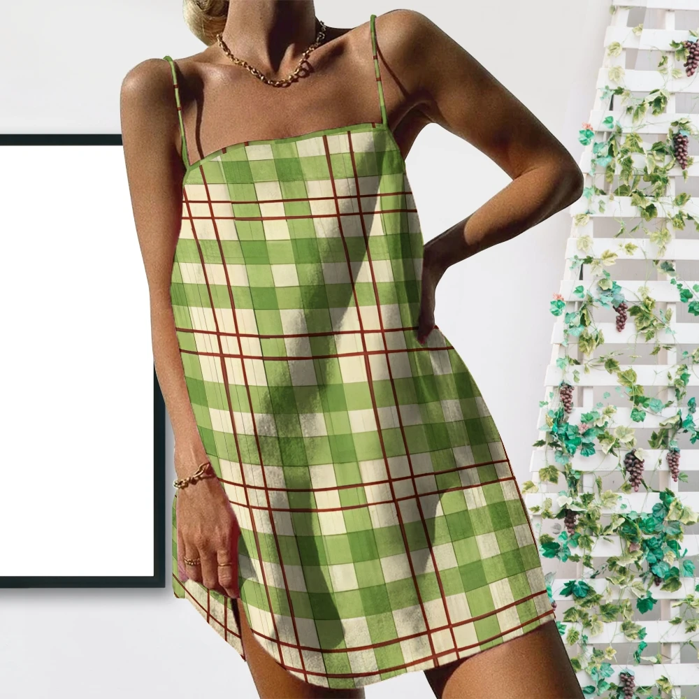 Women's One-Piece Sundress Frock Y2K Retro Style Braces Skirt Green Checkered Print Small And Fresh Fashion Holiday clothing