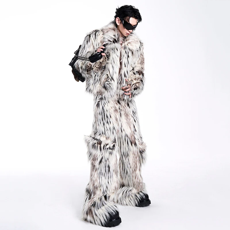 FEWQ 2024 Winter New Men\'s Two-piece Long Imitation Fur Leopard Print Coat Big Pockets Dedign Trousers Casual Male Sets 24E5006