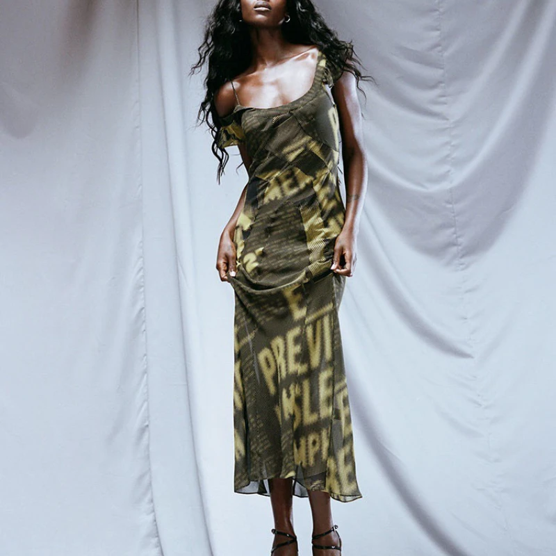 

Women Letter Print Silk Long Dress Vintage Style Ruffles Adge Sleee Lady Maxi dress 2023 new