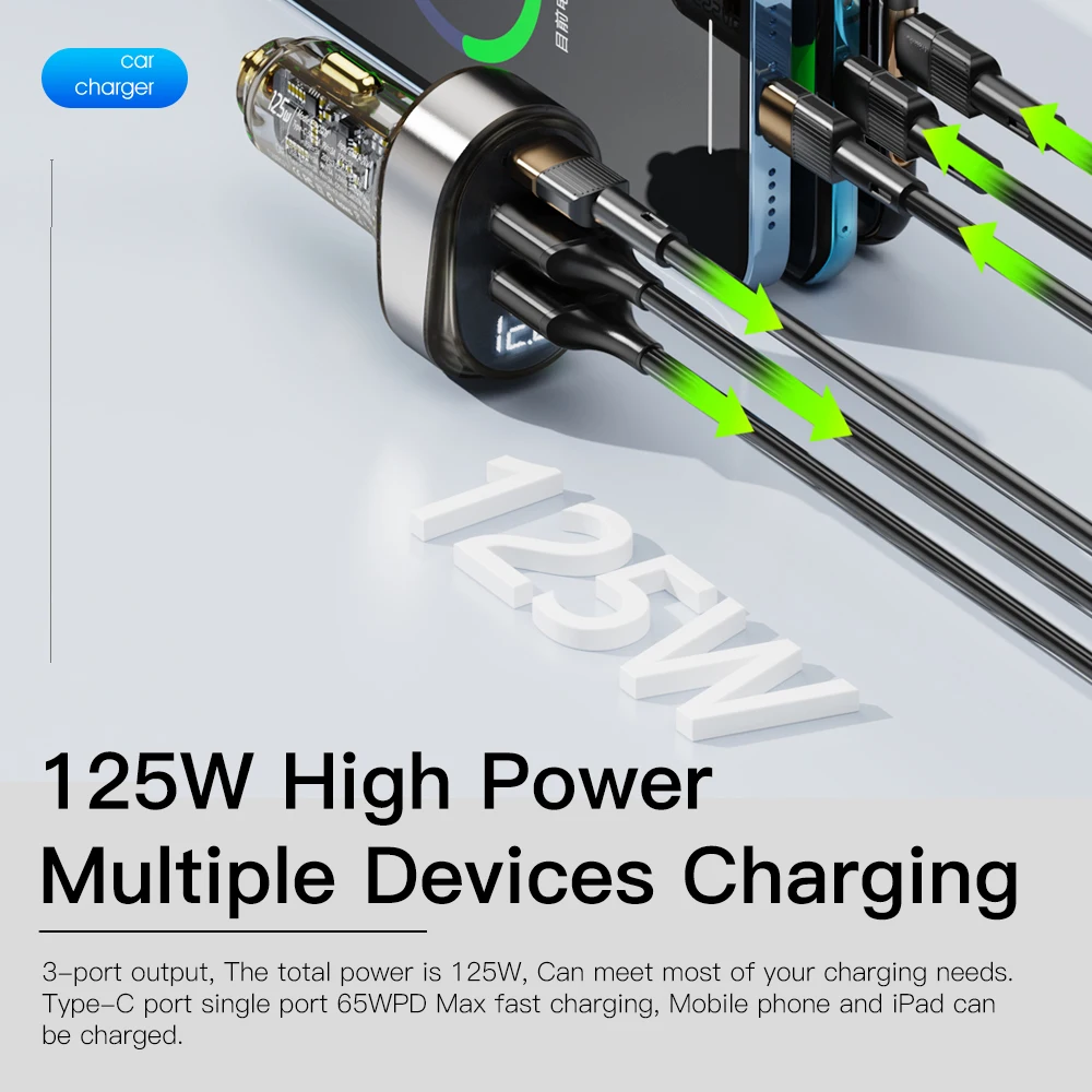 Essager 차량용 디지털 디스플레이 고속 충전기, 아이폰 아이패드 맥북용, USB A C 고속 충전기, 화웨이 아너 샤오미 삼성 OPPO용, 125W