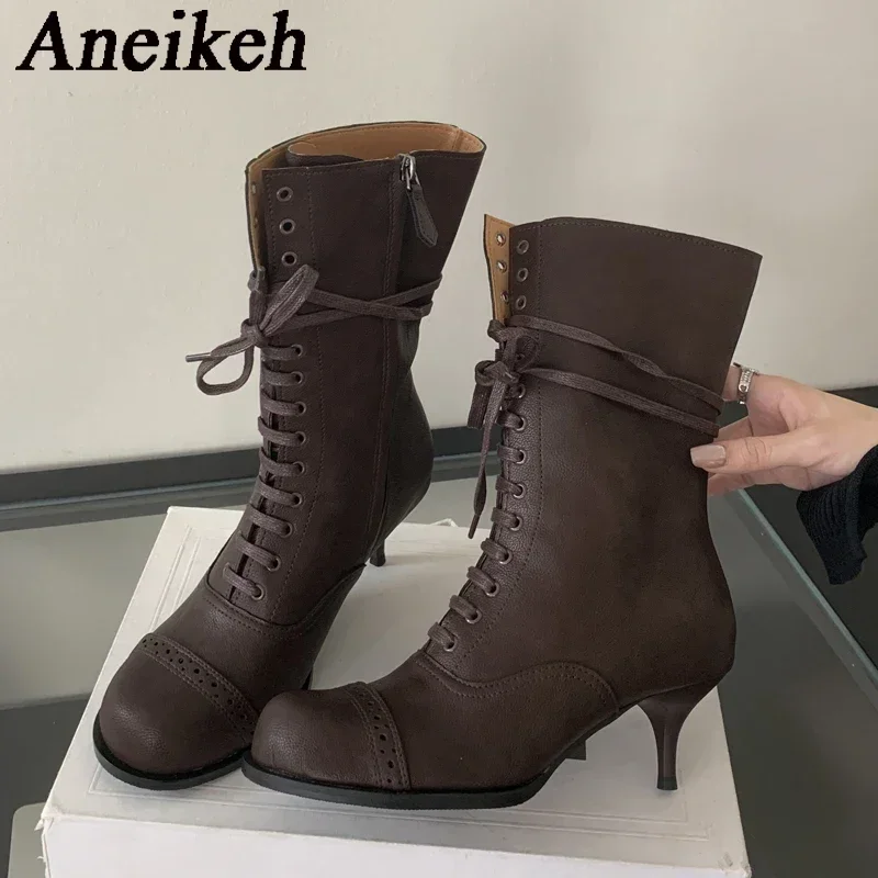 Aneikeh 2024 New Round Head Short Boots Comfortable Strap Pole Dance High Heels Pumps  cowboy boots Black brown