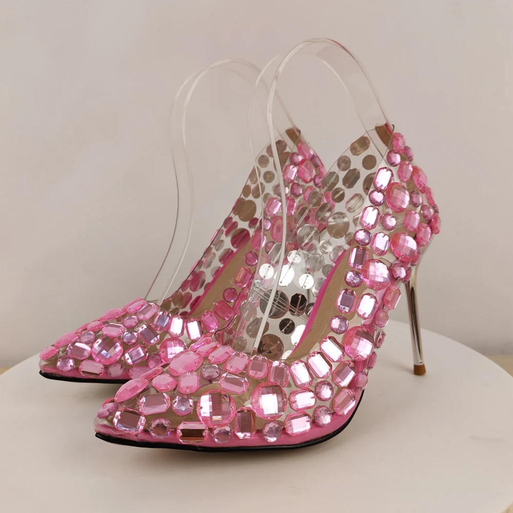جديد الربيع والصيف الوردي كريستال كامل الماس رقيقة عالية الكعب أشار تو الانزلاق على أزياء أنيقة أحذية الزفاف مأدبة مضخات