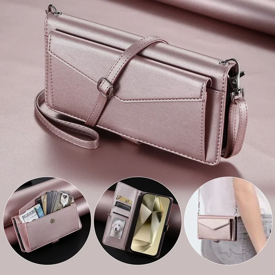 

Card Slots Photo Frame Wallet Case for OPPO RENO 10 9 8 7 6 5 12F Reno 5 Lite 5Z 6Z PU Leather Flip Cover with 2 Lanyards