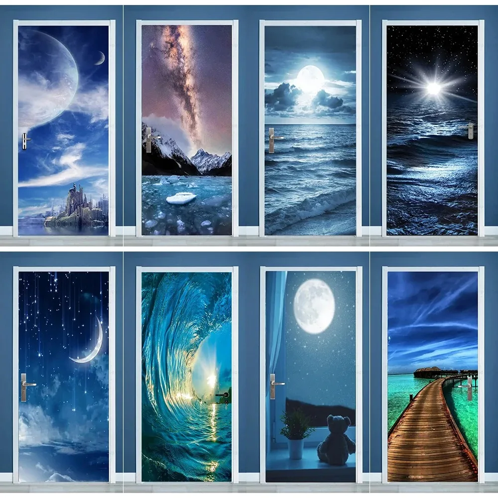 

3D Starry Sky Ocean Door Sticker Galaxy Moon Wave Beach Path Scenery Removable Self Adhesive Wallpaper Home Decor