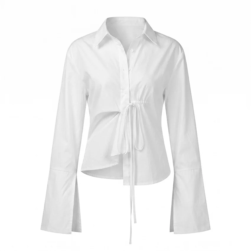 Women's Elegant Cotton Shirt Belted Waist Irregular Hem Long Sleeve Top Button Down V Neck Casual Spring Blouse - view 5