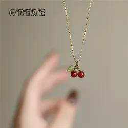 Handmade Carnelian Cherry Pendant Necklace Gypsophila Clavicle Chain for Women Stainless Steel 18k Gold Plated Jewelry