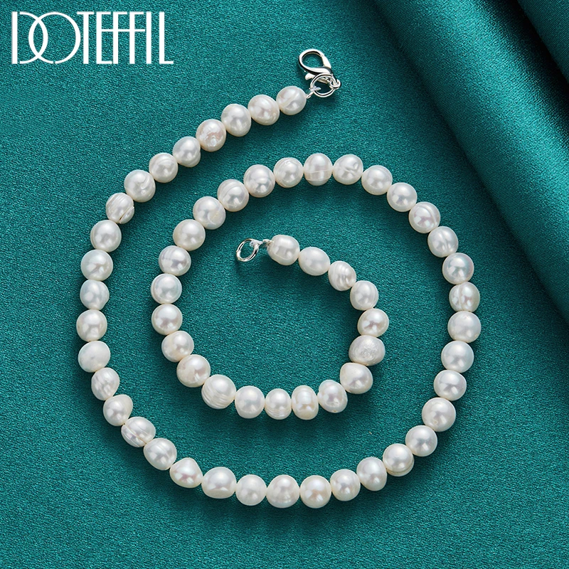 DOTEFFIL 2pcs 8mm Natural Pearl Beaded Chain 925 Silver Buckle Necklace Bracelet Set For Women Wedding Engagement Party Jewelry