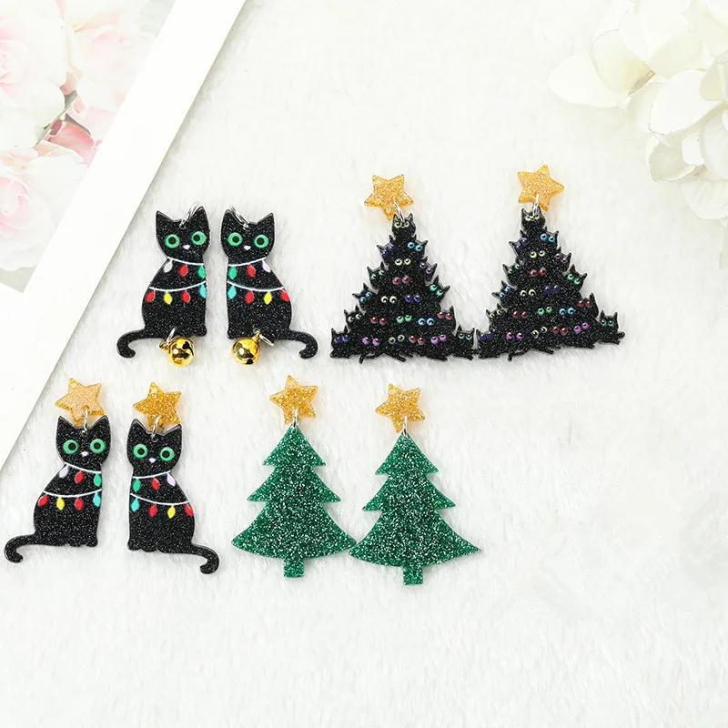 10Pcs Christmas Tree Charms Creative Acrylic Black Cat Star Gingle Bell Pendant For Keychain Necklace Jewelry Diy Making