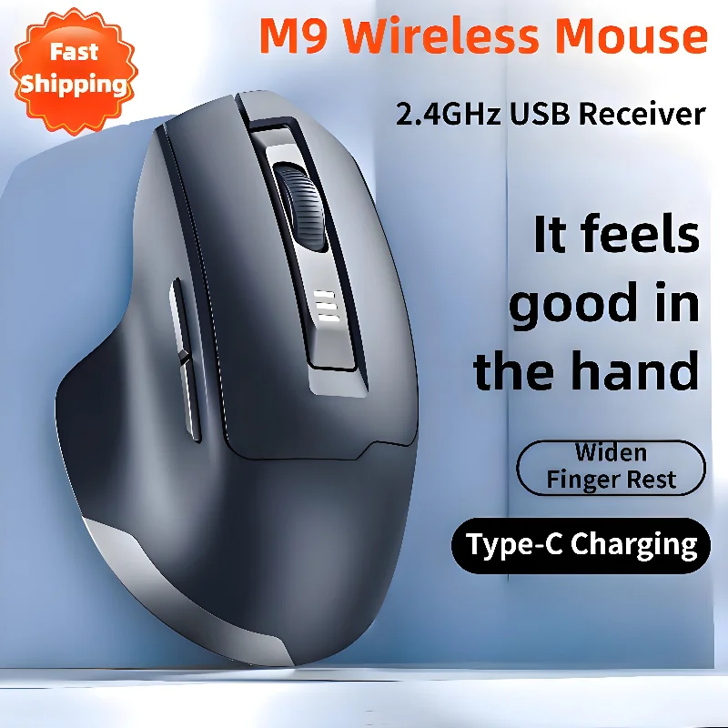 

M9 Беспроводная мышь 2,4G USB-приемник 500 мАч Перезаряжаемая эргономичная мышь с регулируемым разрешением Type-C и индикатором заряда батареи