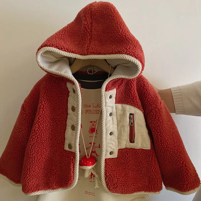 Girls Coat 2024 Autumn New Childrens Wear Korean Style Foreign Style Matching Color Lamb Wool Hooded Coat Casual Simple Daily image 2