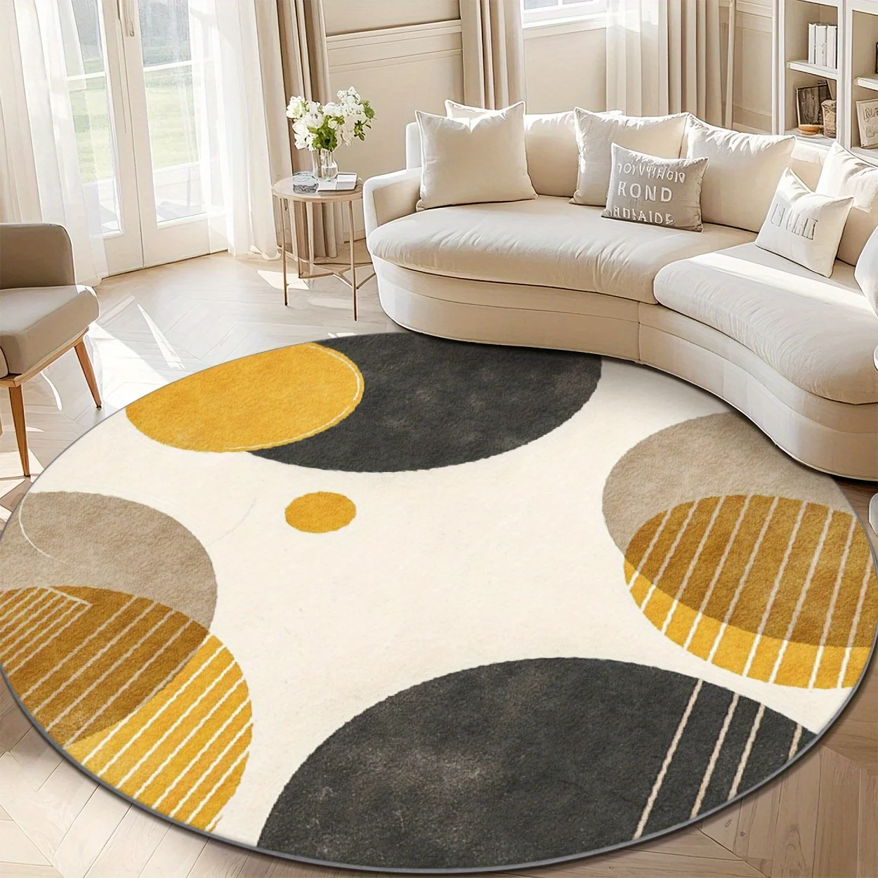 Round Mid Century Circle Rug Beige Yellow  Abstract  Geometric  Home for  Minimalist Room Interior Decorative Beautification