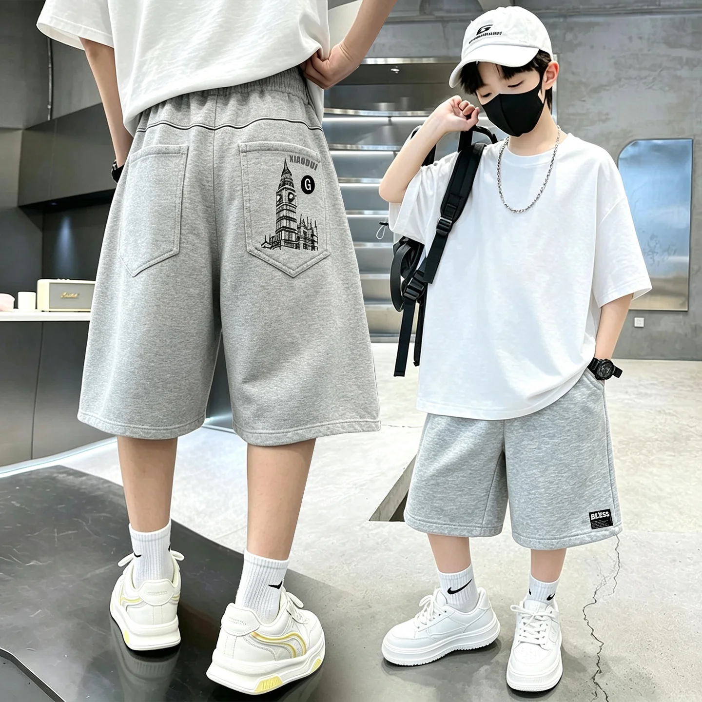 

Kids Shorts Boys Thin Casual Wide Leg Shorts Versatile Trend Loose Oversized Sports Shorts for 4-14Y Students Grey Black Color