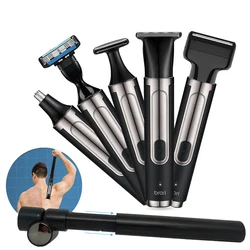 5 in 1 Kit Rechargeable Men's Shaving Set Back Razor Shaver Groomer Foldable Telescopic Rod Nose Hair Trimmer Back Shaver Handle