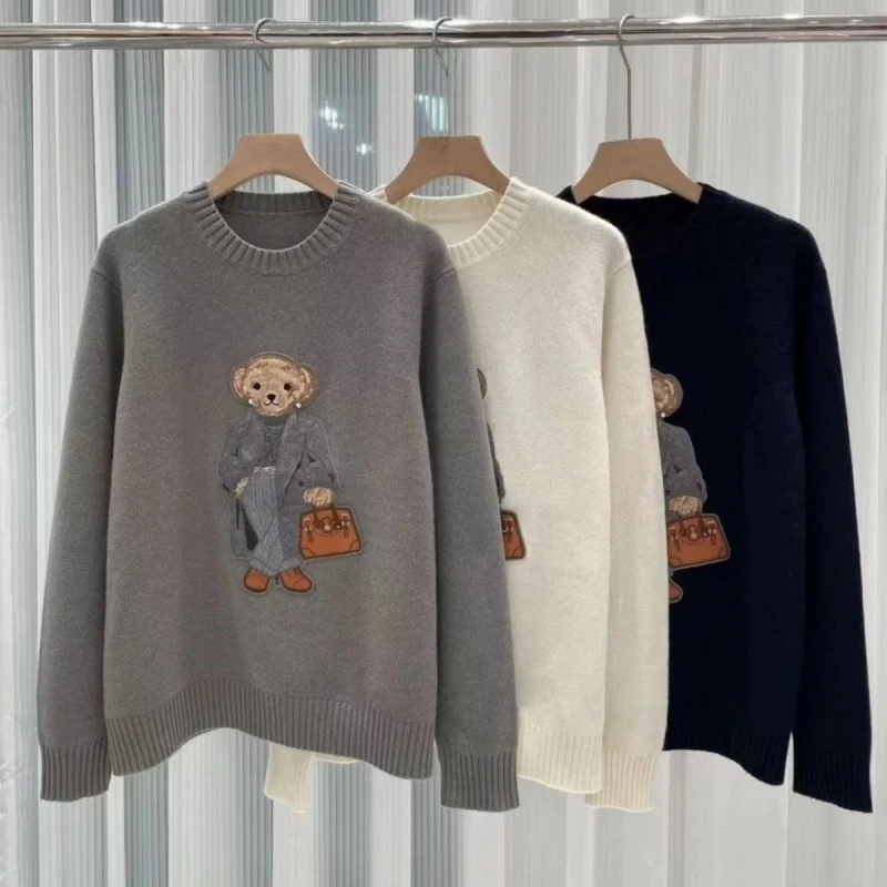 Rl Fall/Winter Cashmere Unisex Pullover Sweater Fashionable Casual Loose Fit O-Neck Knit Lauren Bear Women's Sweater 2024 New