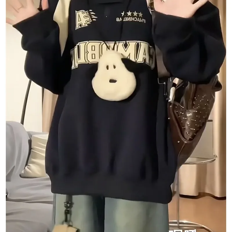 Fat Mm Plus Size Damen Modisches amerikanisches Polokragen-Sweatshirt für Herbst und Winter, lockeres und schlankmachendes Langarm-Oberteil