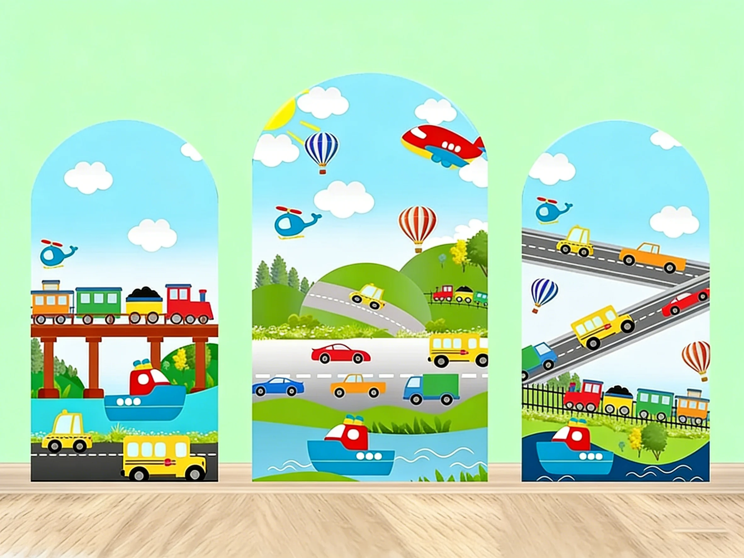 

LS Custom 2-Sided Urban Transportation Car Ship Airplane Birthday Party Baby Shower Cover Chiara Arch Background Decor Backdrop