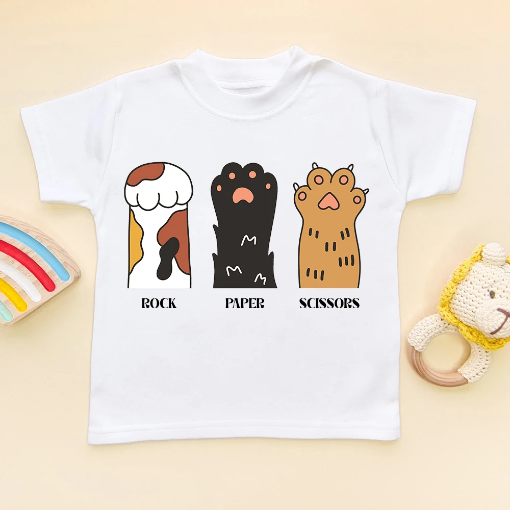 Kids T-shirt Rock Paper Scissors Cat's Paw Print Kid Shirt Todler Short Sleeve Shirts Girl Boy Cute Clothes Child Birthday Gift