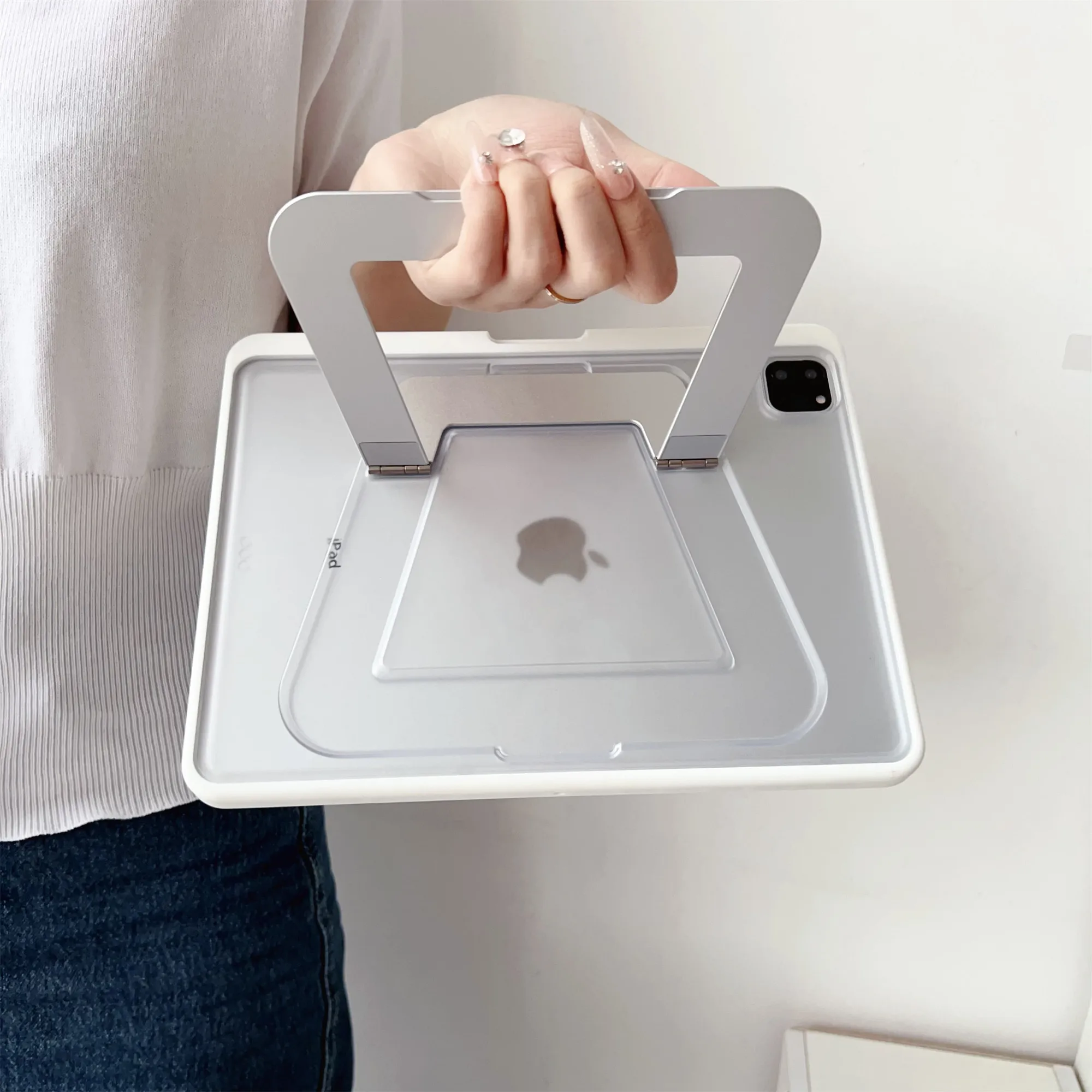 For iPad Air 11 (2026) / (2025) / (2024) Case with Pencil Holder Metal Foldable Kickstand TPU Acrylic Matte Tablet Cover - White