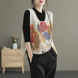 New Women's Loose and Versatile Retro Printed Knitted Shirt Vest V-neck Split Sleeve Sleeveless Shoulder Clip Minimalist Casual