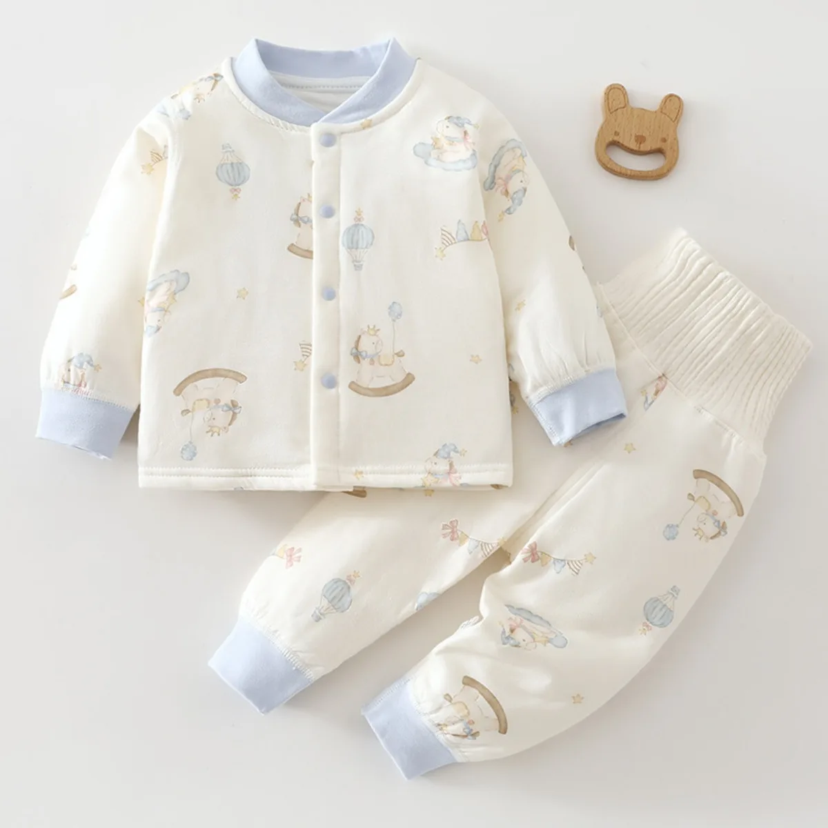 Soft Quilted Cotton Baby Pajama Warm Lightweight Sleepwear 1-3Y Front Snap Top & High Waist Pants Cozy Winter Wear for Boy Girl