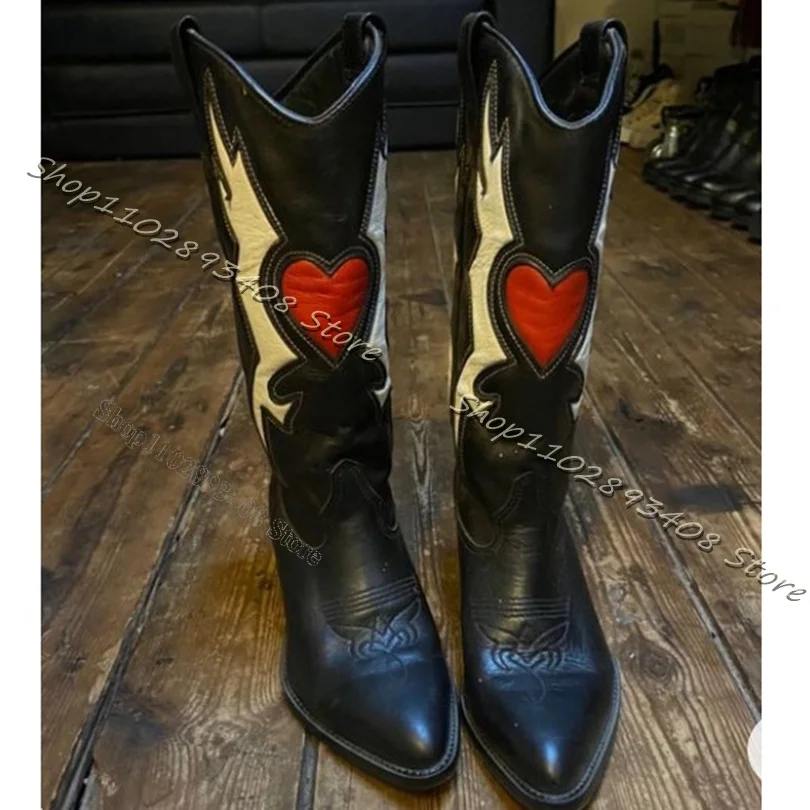 Zwart Hart Vorm Totem Cowboy Laarzen Vrouwen Retro Stijl Puntige Neus Dikke Hakken Laarzen Vrouwen Jurk Schoenen 2023 Zapatos Para Mujere