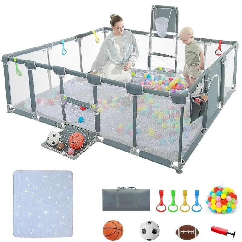 

Breathable 79x71 Playpen for Babies & Toddlers, Indoor/Outdoor Use, with Mat, Ocean Balls, Hanging Pocket, Basketball