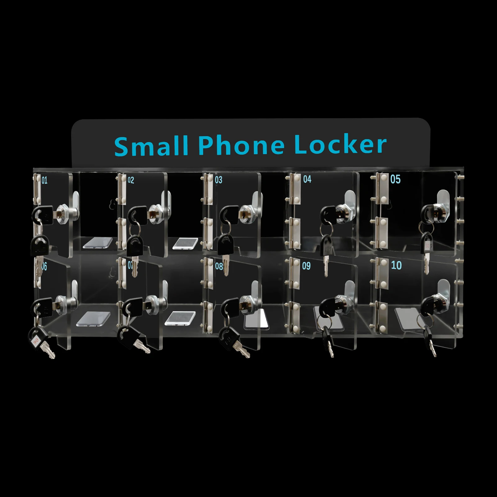 

10pcs Clear Cell Phone Locker Box with Door Locks and Keys Wall-Mounted Cell Phones Storage Cabinet Office Classroom Accessories