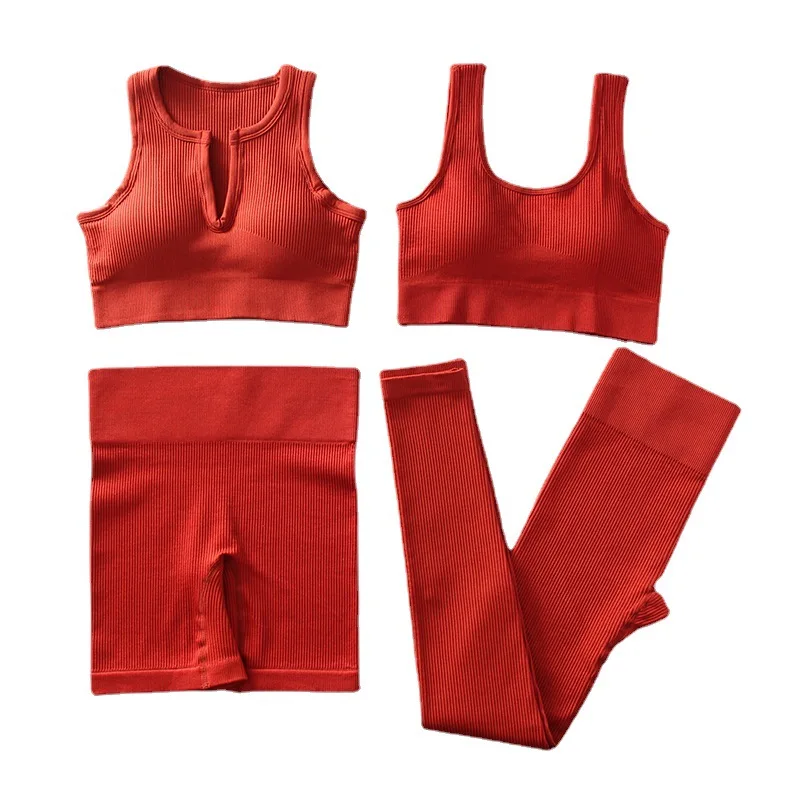 Conjunto deportivo sin costuras para mujer, top corto de dos piezas, sujetador, Leggings, pantalones cortos, conjunto de Yoga, ropa de entrenamiento, ropa de gimnasio para Fitness, 4 piezas