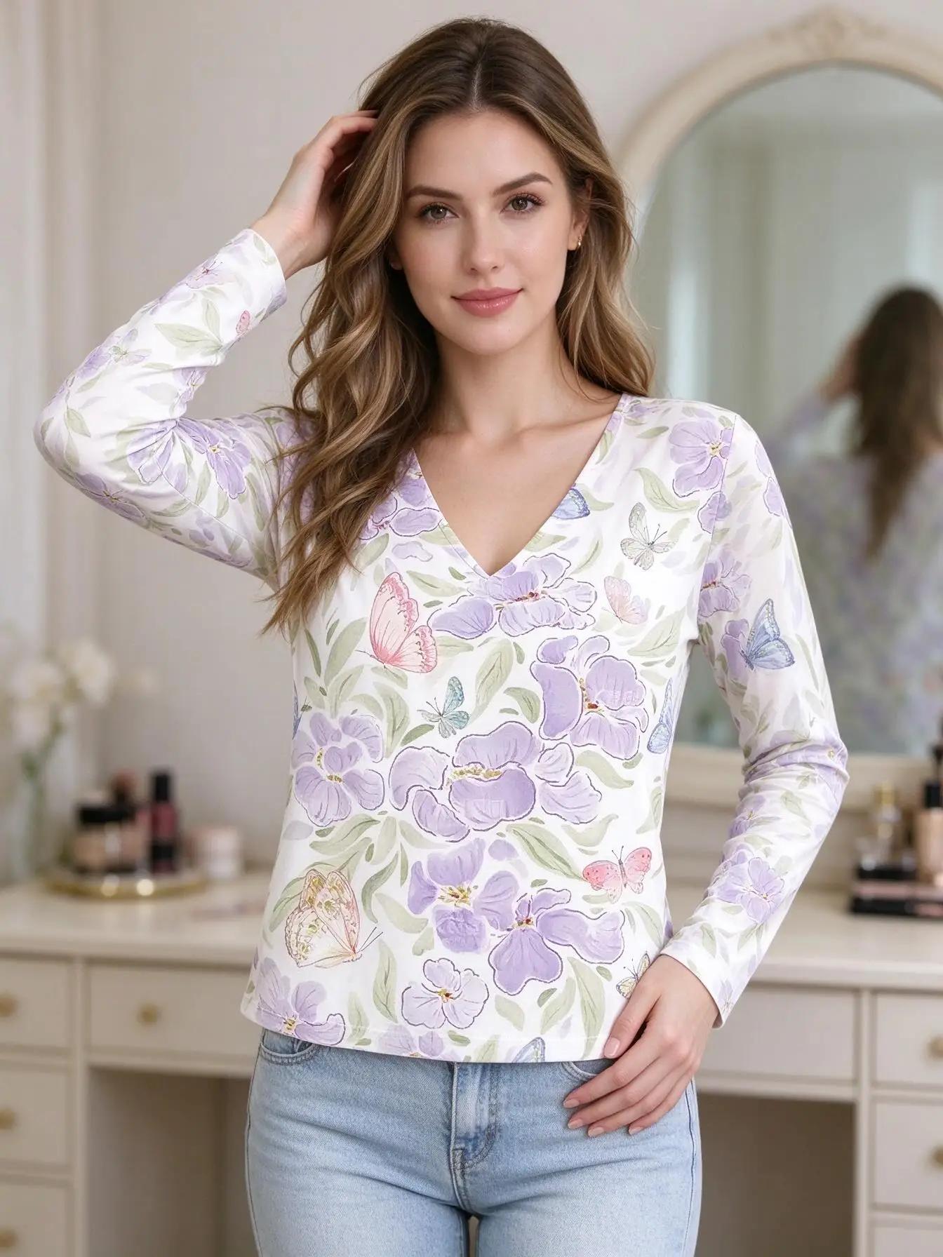 Women V Neck Long Sleeve T-shirt White Purple Watercolor Floral Butterfly Print Casual Tee Tops