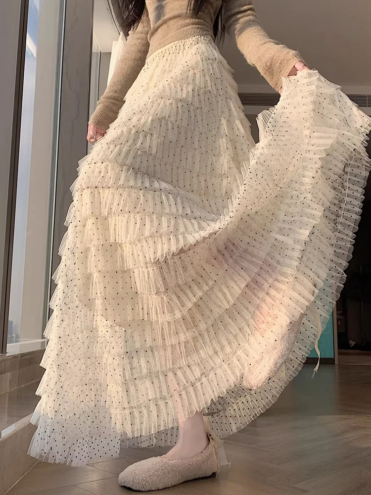 

Нежная юбка-миди в горошек с кружевом, женская, весна 2026, с завышенной талией, стройнящая, А-силуэт, из полиэфирного волокна