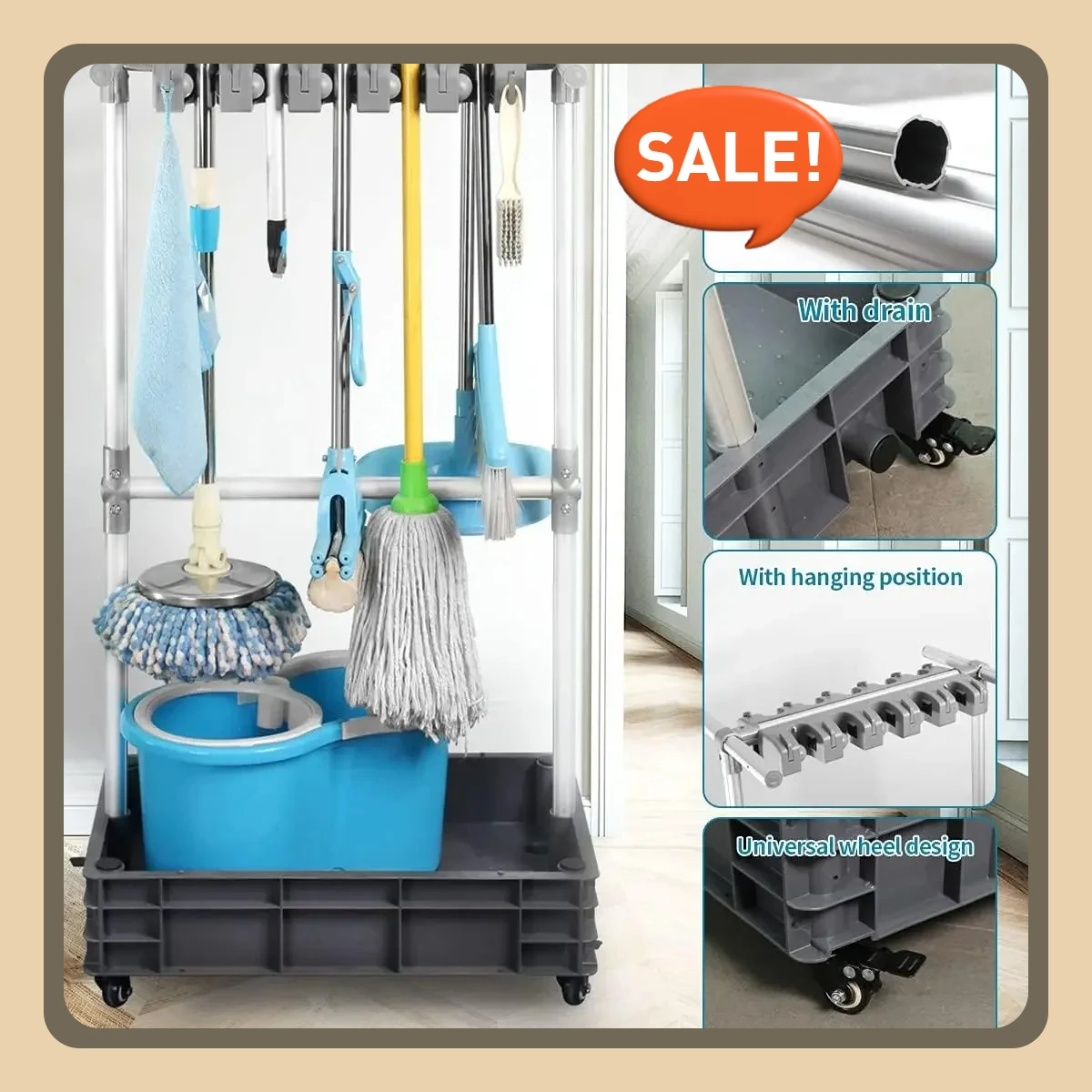

Broom And Mop Holder Standing Cleaning Tool Cart Movable Floor-Mounted Mop Storage Put Wet Mops Rack Floor