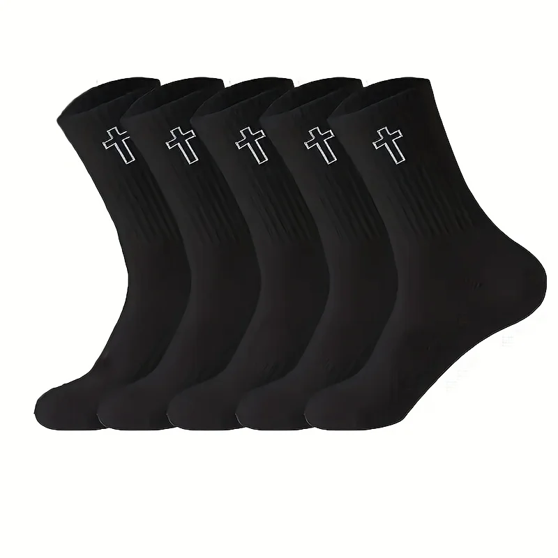 5/10 Pairs Men's High-Cut Solid Sports Socks, Breathable Unisex Mid-Calf Casual Socks, Black/White Cross Couple Socks All-Season