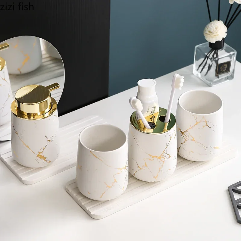 

Matte Gold Ceramics Bathroom Set Decoration Soap Dispenser/Toothbrush Holder/cup/Soap Dish tray luxurious bathroom Washing Set