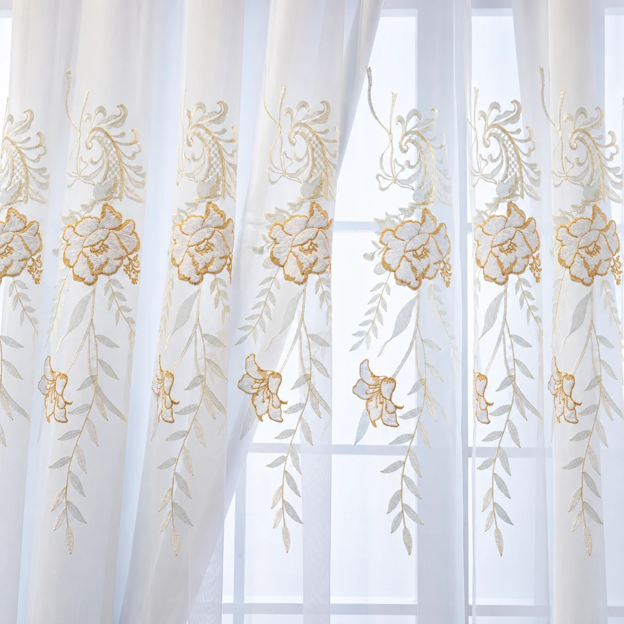 Vintage European Embossed Lace Curtain, Luxury Hollow Out Sheer Curtains, Light Blocking Heat Insulation, Dense Hem Design