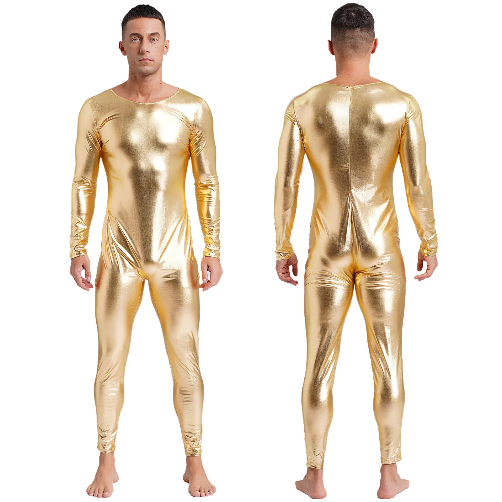 

Mens Metallic Shiny Jumpsuit Dancewear Clubwear Long Sleeve Slim Fit Full Body Bodysuit Carnival Party Stage Performance Costume