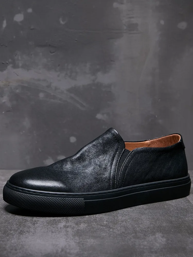 Concise Horsehide Round Toe Platform Slip On Male Casual Shoes Handmade Genuine Leather Solid Color Height Increase Loafer