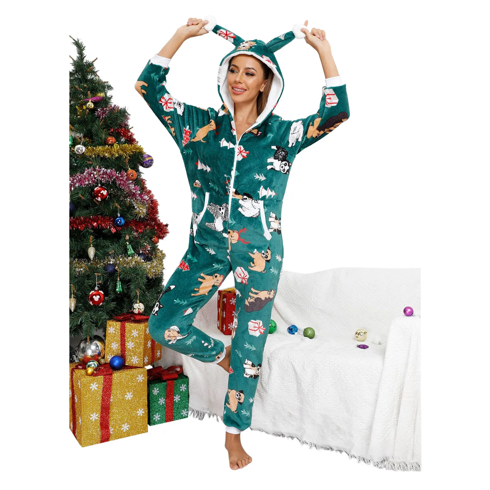 Onesie Hooded Christmas Rompers Women's Jumpsuit Retro Print Long Sleeve Fleece Clubwear Pajamas Plush Button Nightwear Overalls