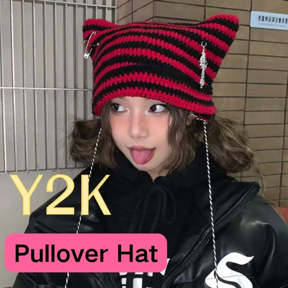 

Y2K Wool Beanie Hat Women Ins Ear Striped Knitted Wool Cap Autumn Winter Hip-hop Crochet Cute Cat Ears Pointed Pullover Hats Hot