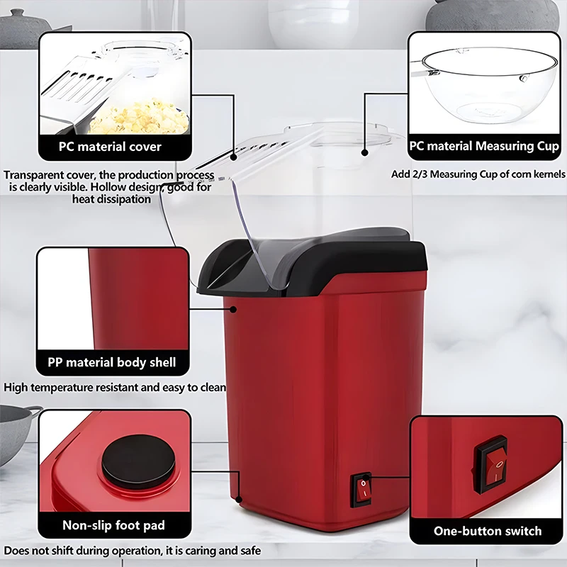 Mini Automatic Hot Air Popcorn Maker 110V 220V Home Electric DIY Corn Popcorn Making Machine Household Kitchen Kids Gift